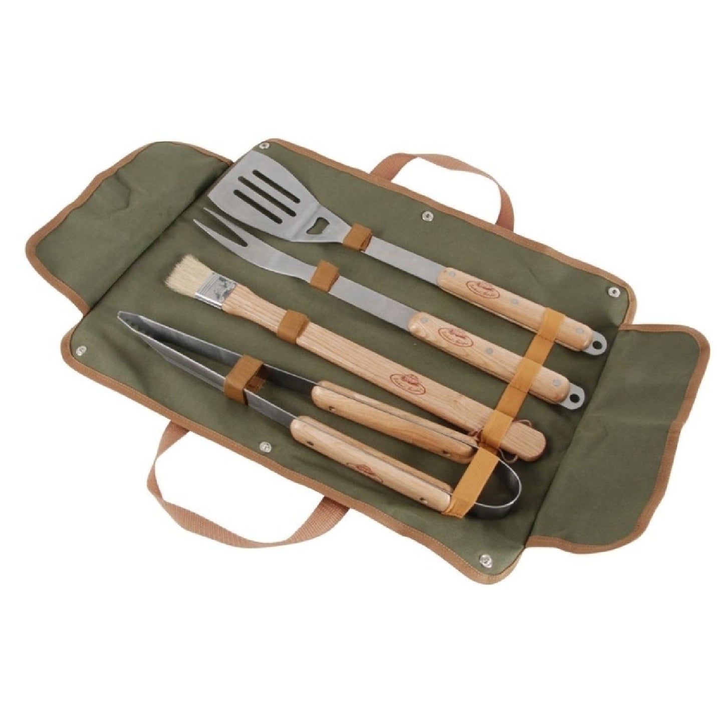 Grillbesteck aus Kanvas Stoff, Edelstahl, Eschenholz