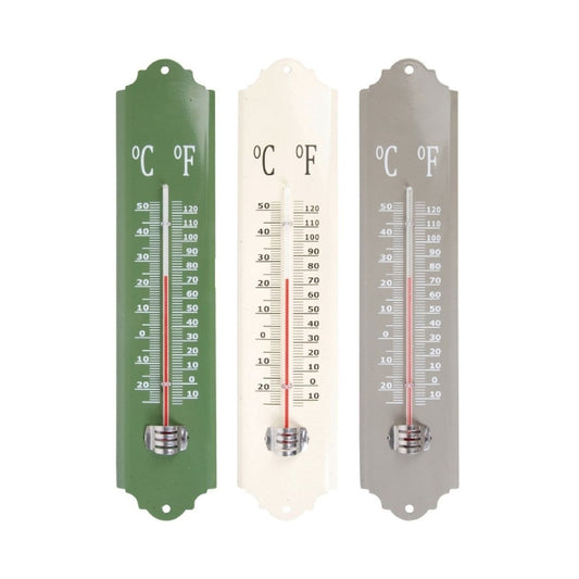 Thermometer aus Metall grün, weiß und grau
