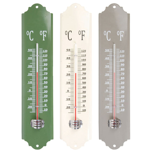 Thermometer aus Metall grün, weiß und grau